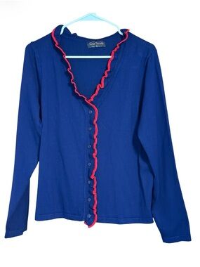 Curlbiuty Navy Blue Red Trim Ruffle Cardigan Button Front XXL